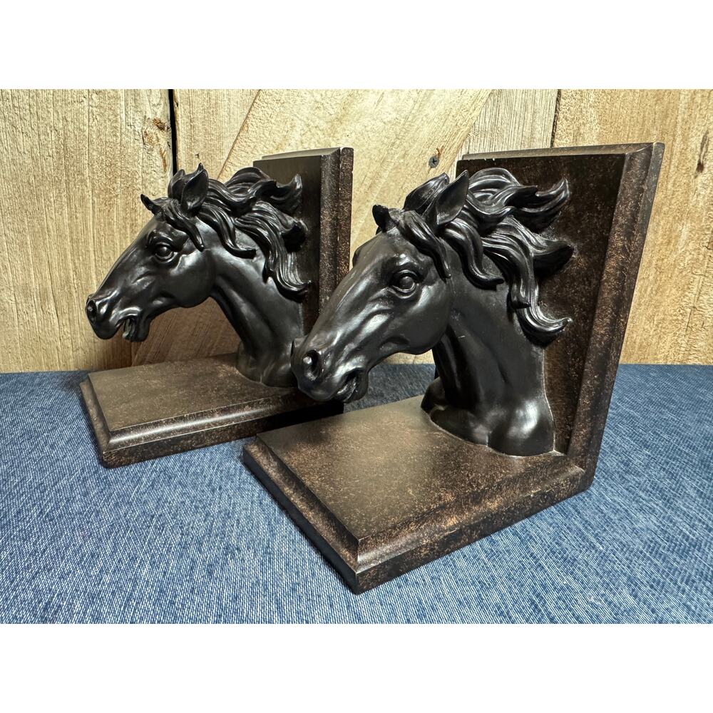 Vintage Wild Horse Bookends Head Black Brown Rustic Decor Home Interiors